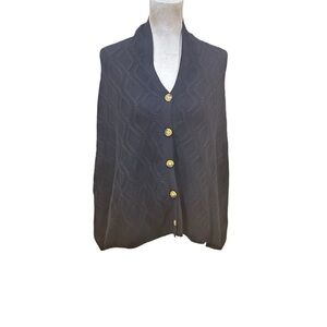 NWT Orvis Black cable knit 100% wool contrast Button-Up cape one size